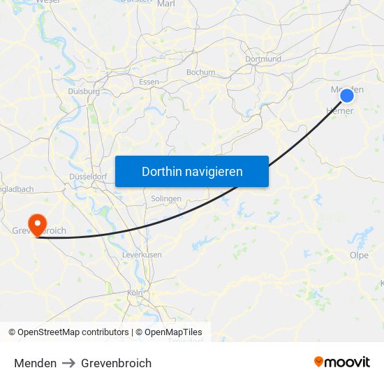 Menden to Grevenbroich map