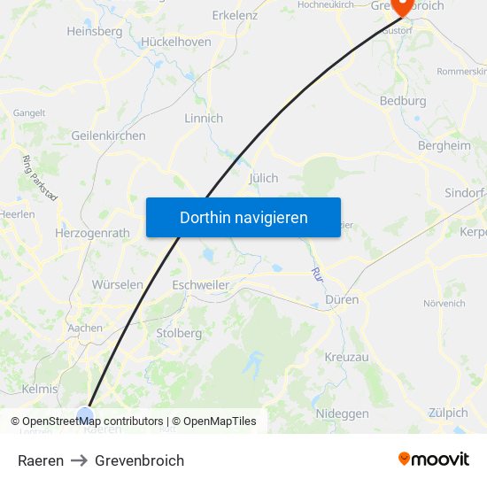 Raeren to Grevenbroich map
