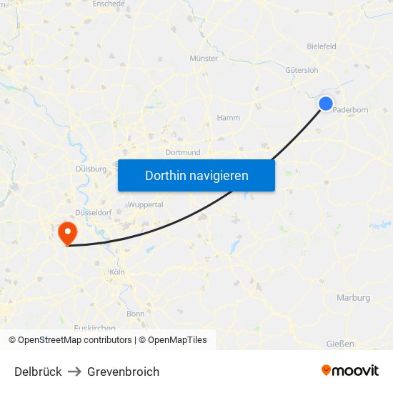 Delbrück to Grevenbroich map