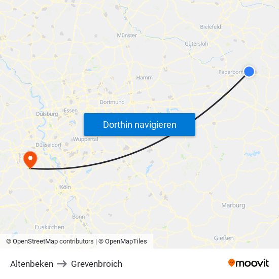 Altenbeken to Grevenbroich map