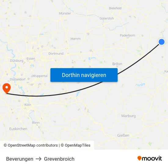 Beverungen to Grevenbroich map