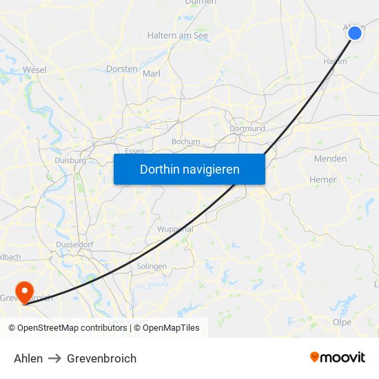 Ahlen to Grevenbroich map