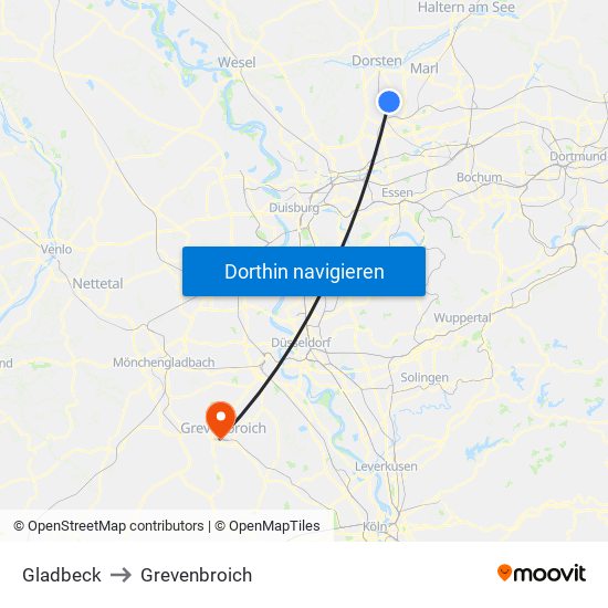 Gladbeck to Grevenbroich map