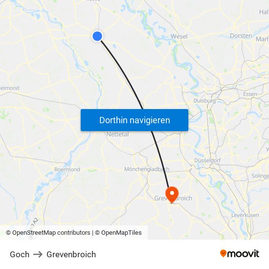 Goch to Grevenbroich map