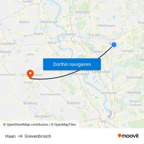 Haan to Grevenbroich map