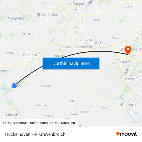 Hückelhoven to Grevenbroich map