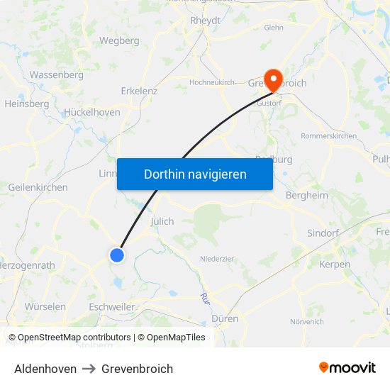 Aldenhoven to Grevenbroich map
