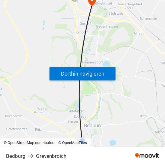 Bedburg to Grevenbroich map