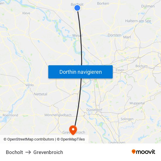 Bocholt to Grevenbroich map