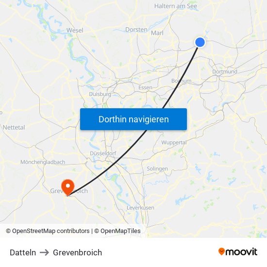 Datteln to Grevenbroich map