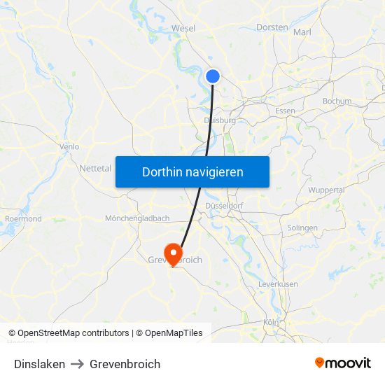 Dinslaken to Grevenbroich map