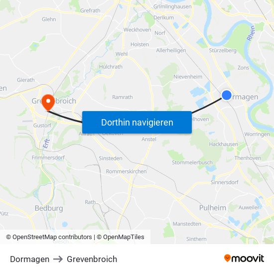 Dormagen to Grevenbroich map