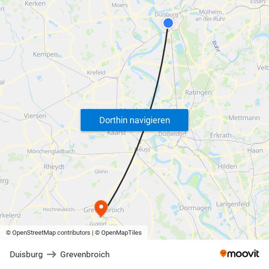 Duisburg to Grevenbroich map