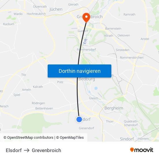 Elsdorf to Grevenbroich map
