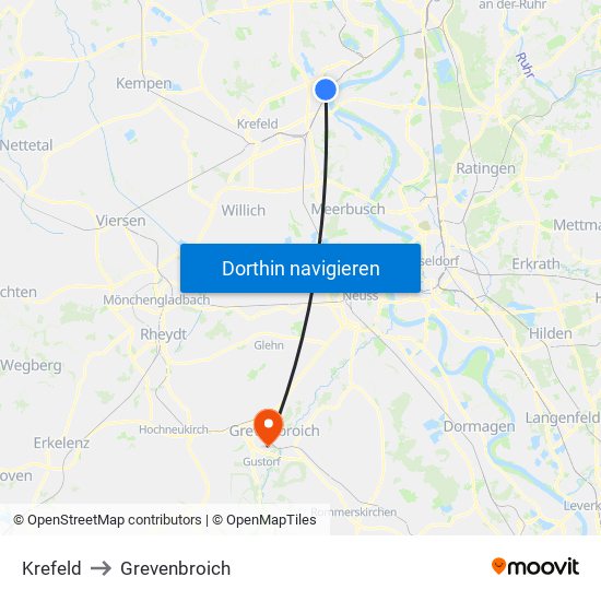 Krefeld to Grevenbroich map
