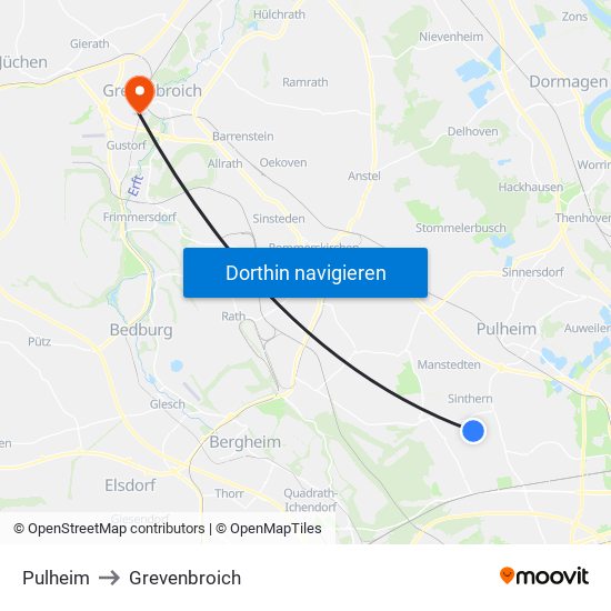 Pulheim to Grevenbroich map