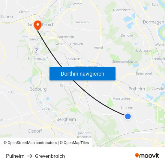 Pulheim to Grevenbroich map