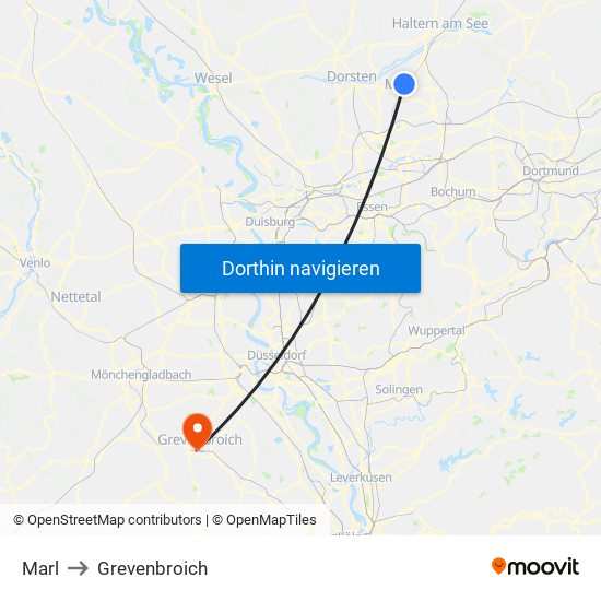 Marl to Grevenbroich map