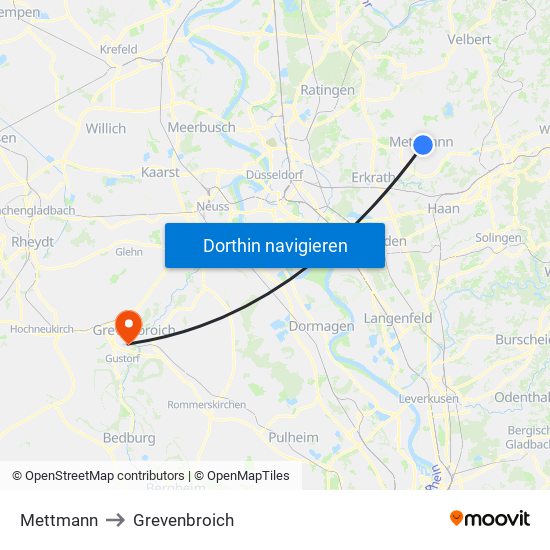 Mettmann to Grevenbroich map