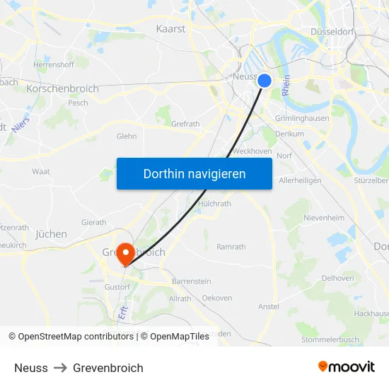 Neuss to Grevenbroich map