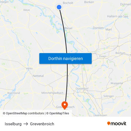 Isselburg to Grevenbroich map