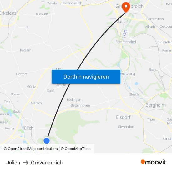 Jülich to Grevenbroich map