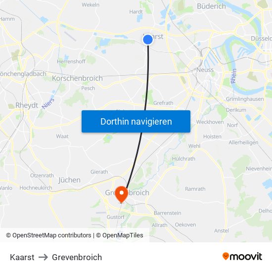 Kaarst to Grevenbroich map