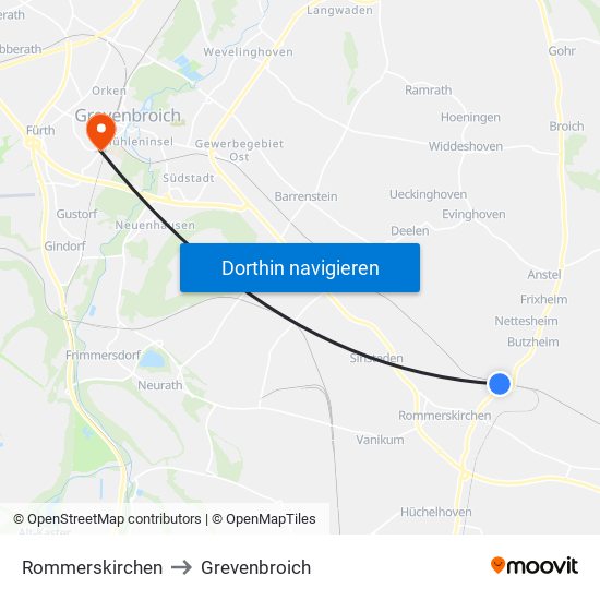 Rommerskirchen to Grevenbroich map