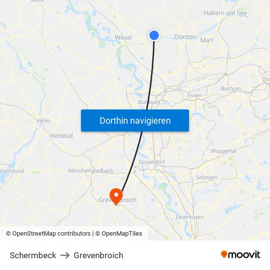 Schermbeck to Grevenbroich map