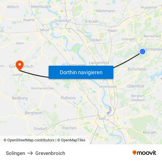 Solingen to Grevenbroich map