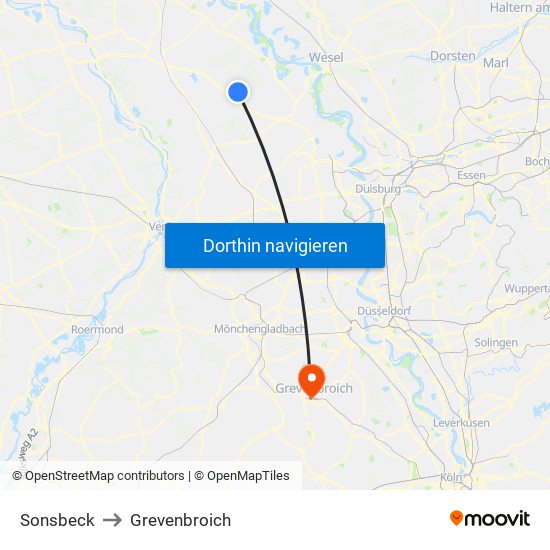 Sonsbeck to Grevenbroich map