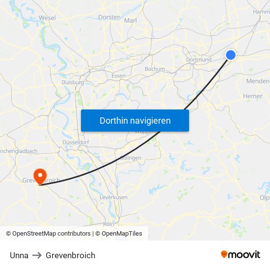 Unna to Grevenbroich map
