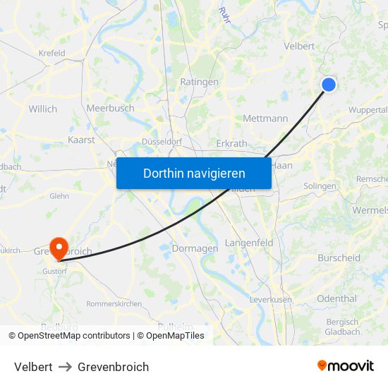 Velbert to Grevenbroich map