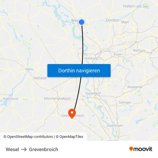 Wesel to Grevenbroich map