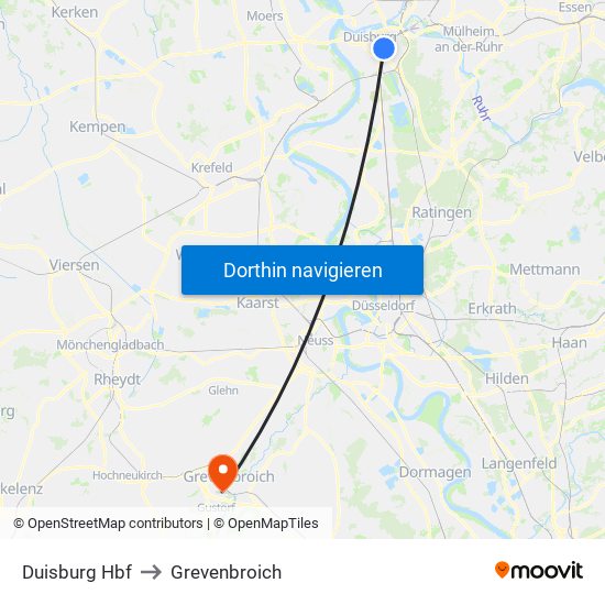 Duisburg Hbf to Grevenbroich map
