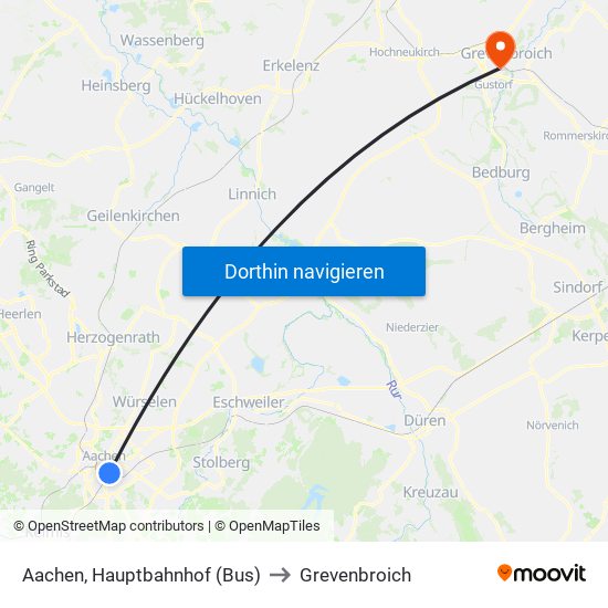 Aachen, Hauptbahnhof (Bus) to Grevenbroich map