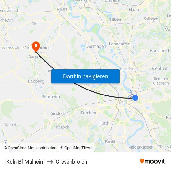 Köln Bf Mülheim to Grevenbroich map