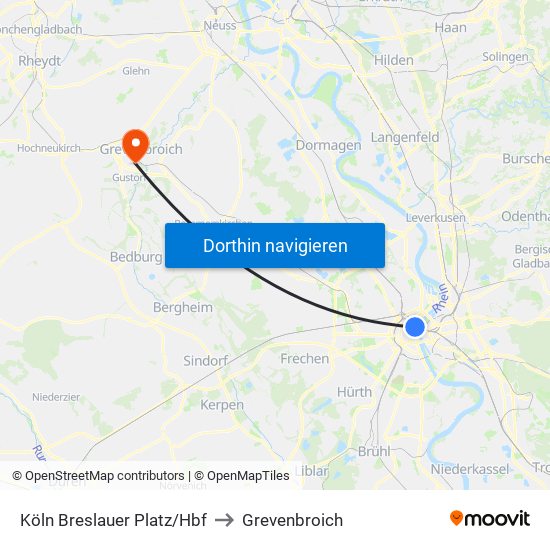 Köln Breslauer Platz/Hbf to Grevenbroich map