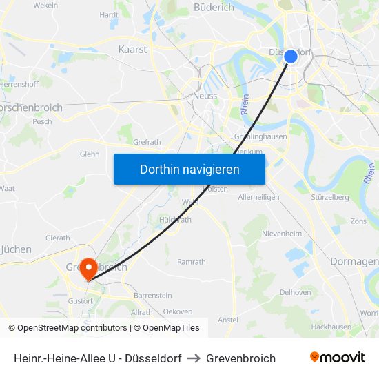 Heinr.-Heine-Allee U - Düsseldorf to Grevenbroich map