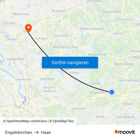 Engelskirchen to Haan map