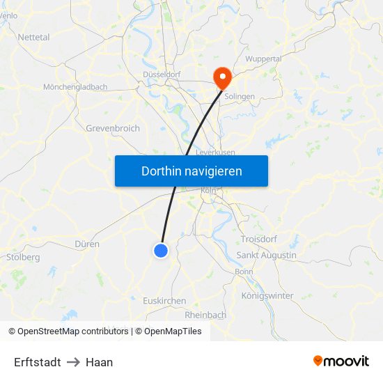 Erftstadt to Haan map