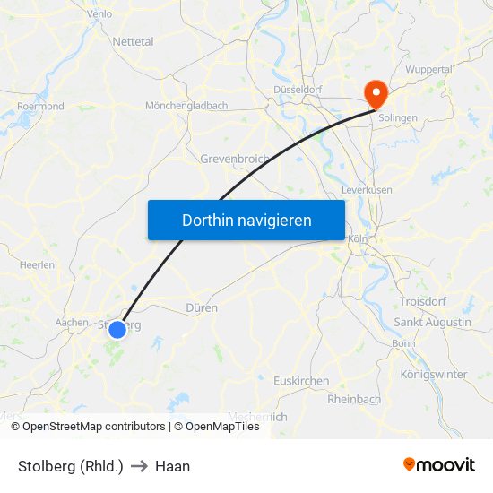 Stolberg (Rhld.) to Haan map