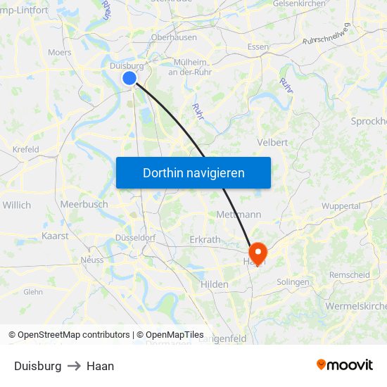 Duisburg to Haan map