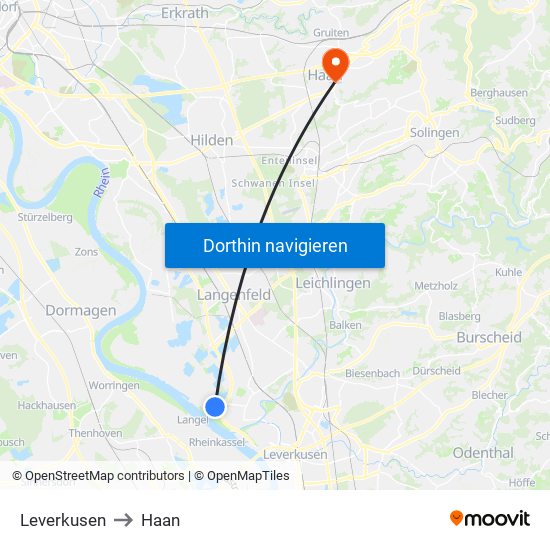 Leverkusen to Haan map