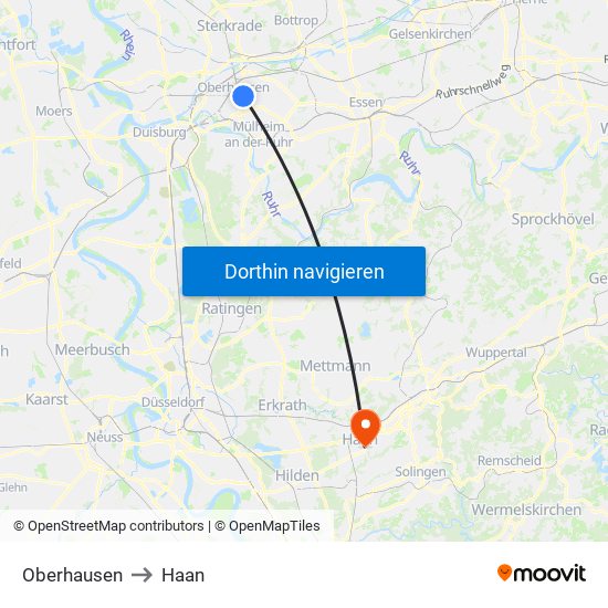 Oberhausen to Haan map