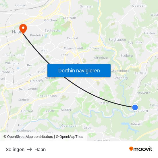 Solingen to Haan map