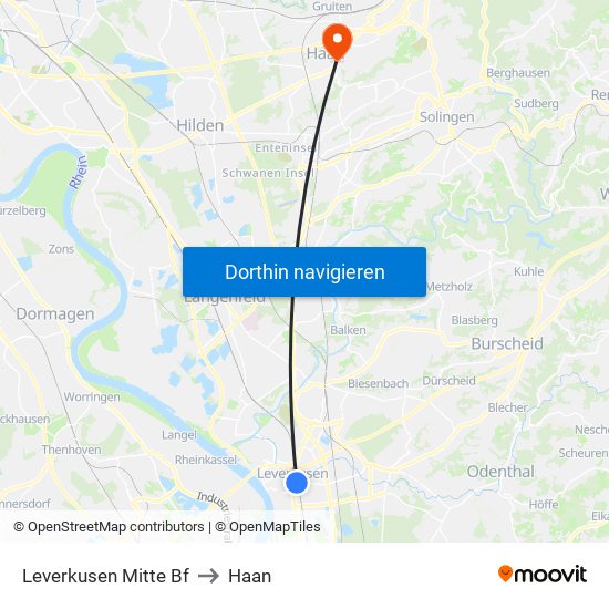 Leverkusen Mitte Bf to Haan map