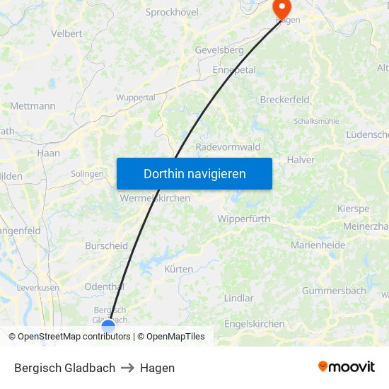 Bergisch Gladbach to Hagen map