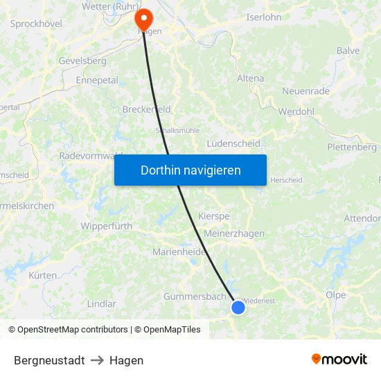 Bergneustadt to Hagen map