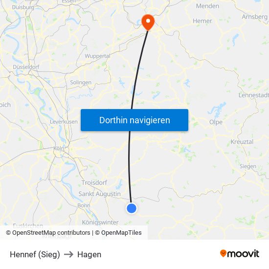 Hennef (Sieg) to Hagen map